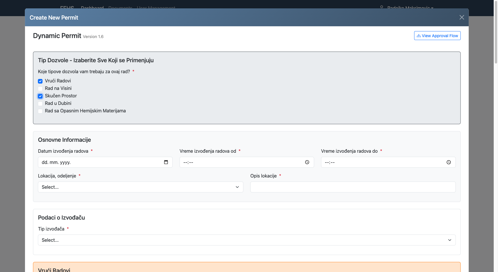 PMS dynamic permit creation form with permit type selection and required fields